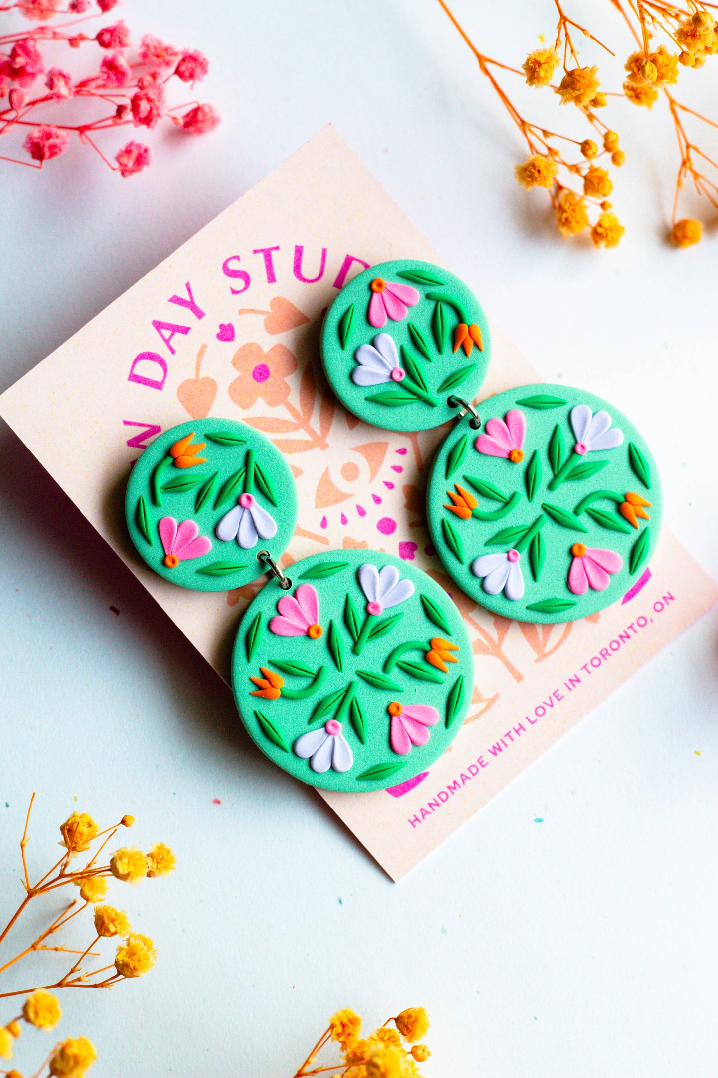 Round Floral Statement Earrings (Green)