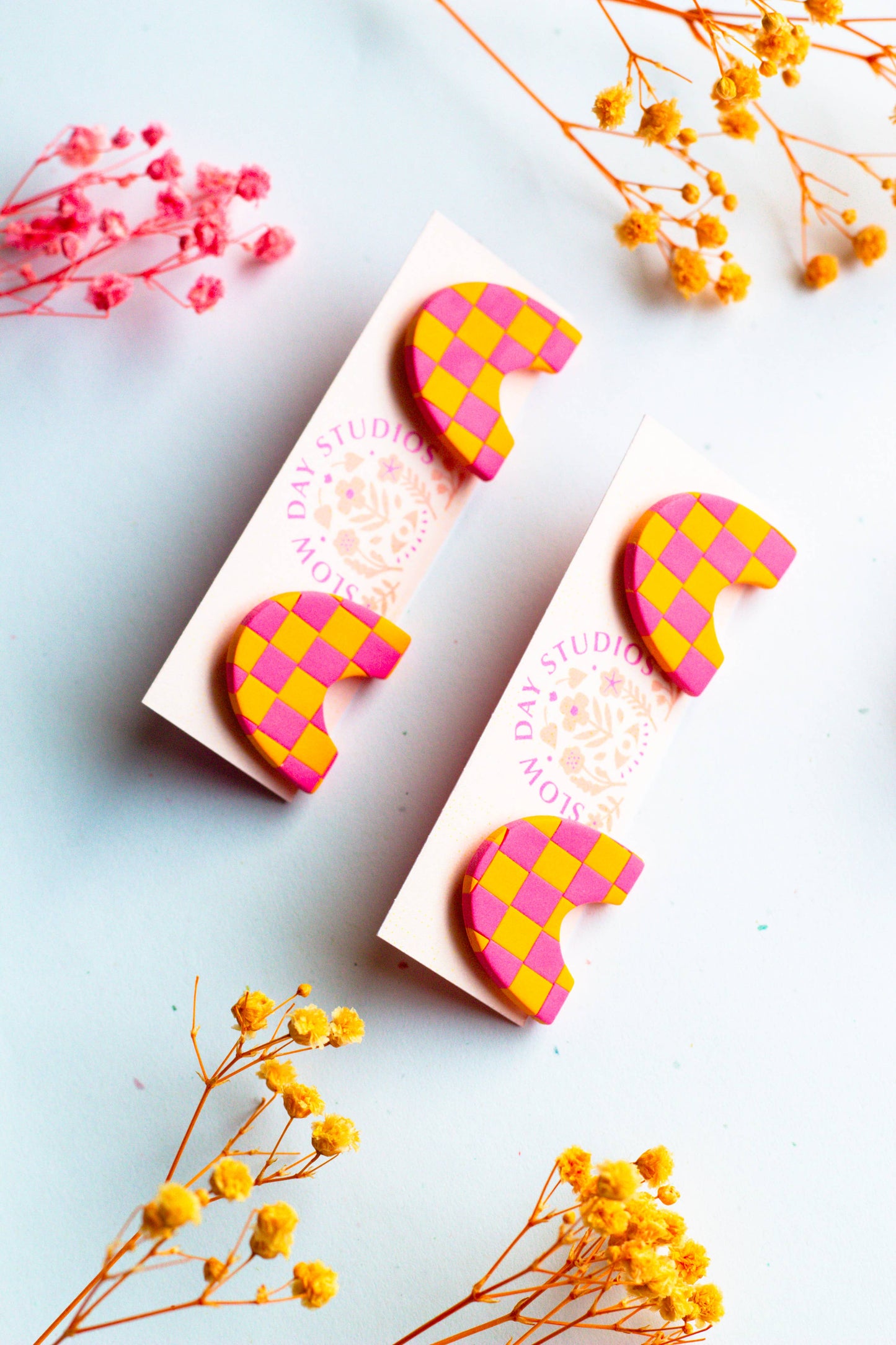 Pink and Orange Polymer Clay Checkerboard Stud Earrings