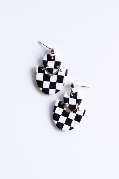 Checkerboard Heart Dangle Earrings (Black and White)