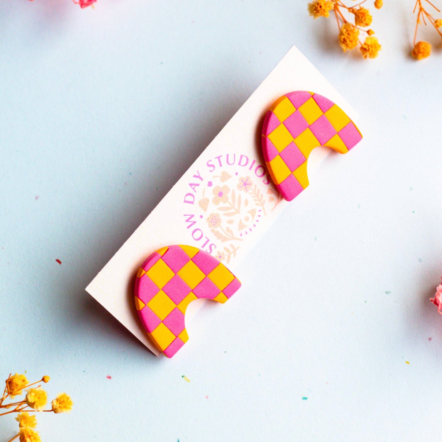 Pink and Orange Polymer Clay Checkerboard Stud Earrings