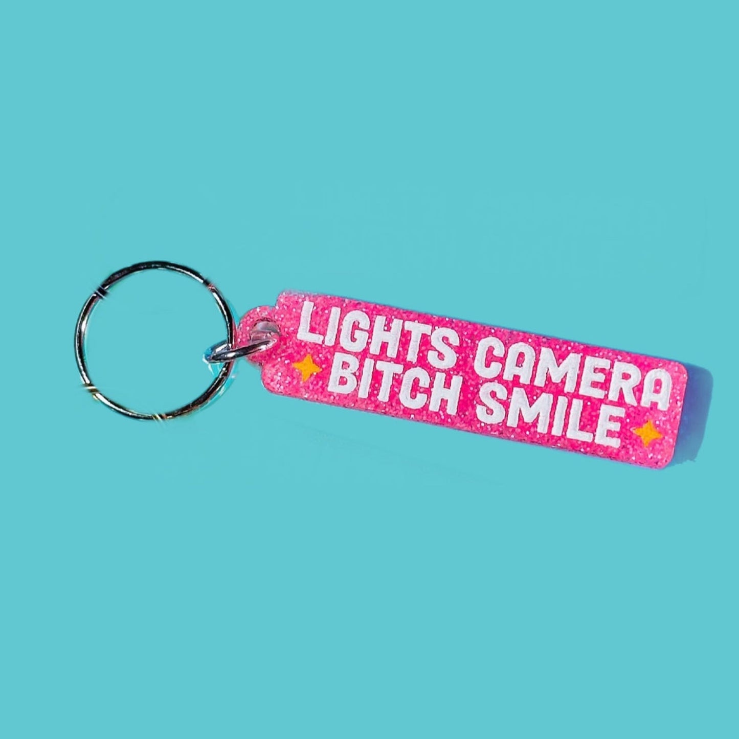 Lights Camera Bitch Smile! Pink Glitter Keychain