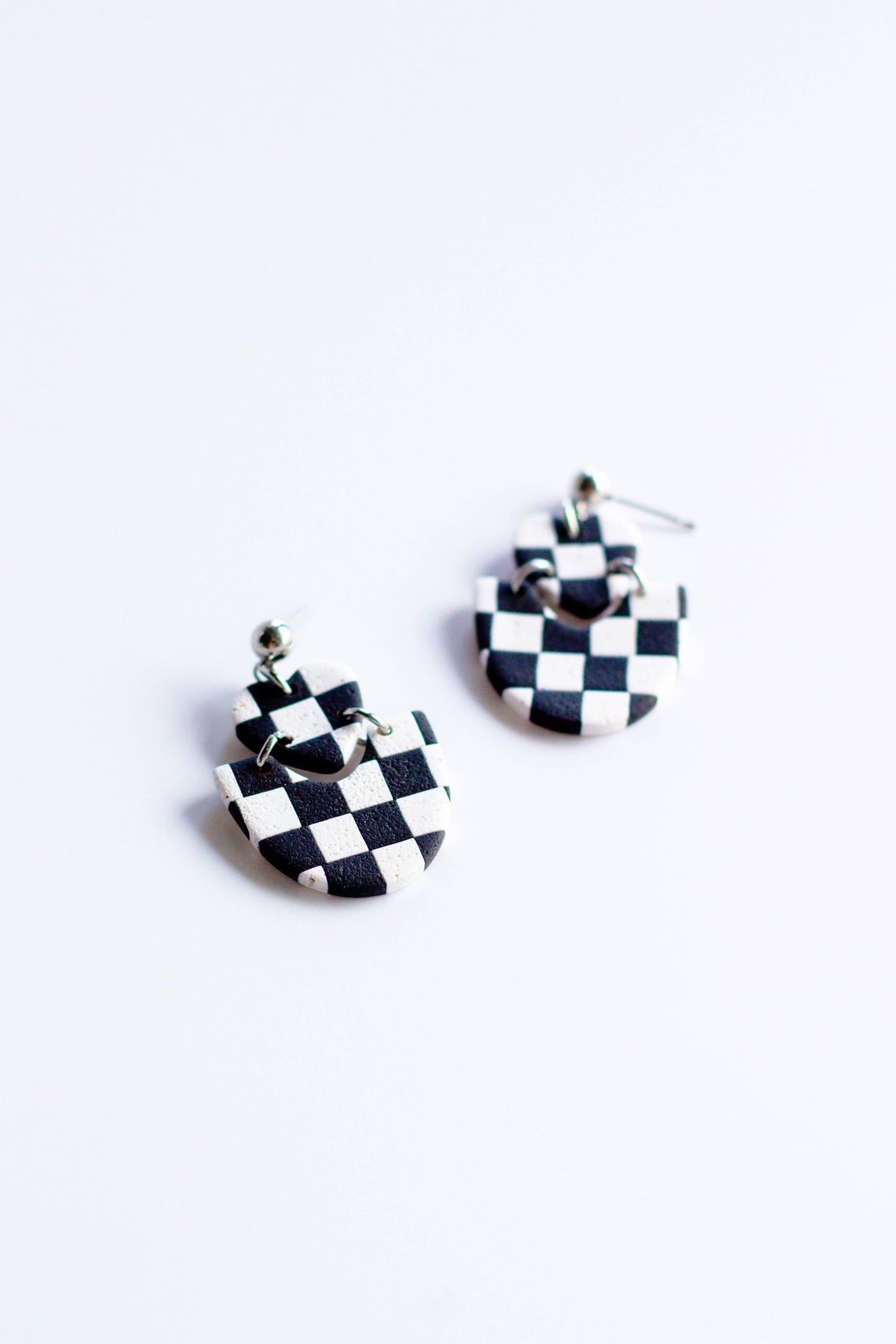 Checkerboard Heart Dangle Earrings (Black and White)