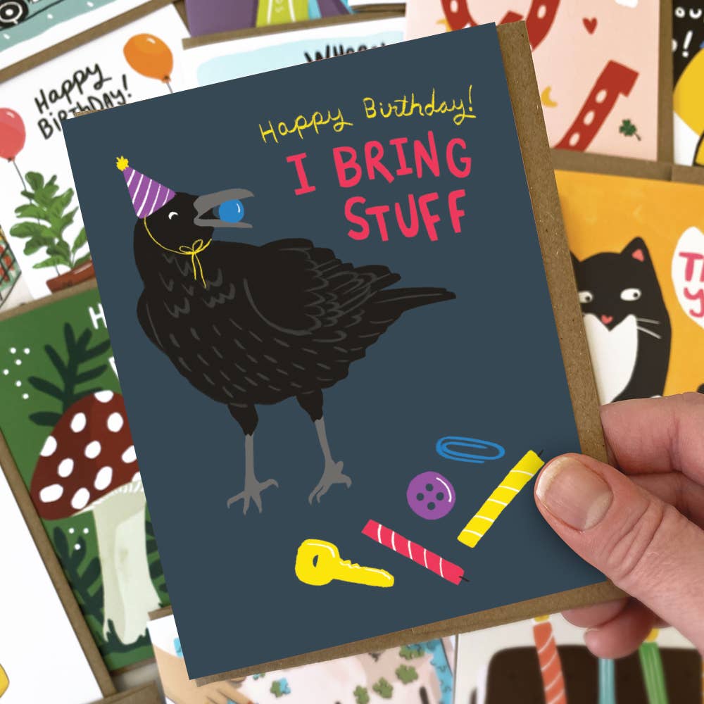 Crow with Treasures Birthday Card