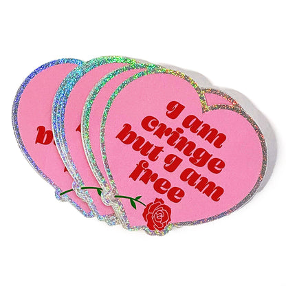 I Am Cringe But I Am Free Heart Glitter Sticker