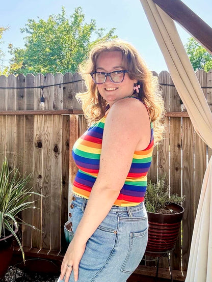Plus Size Reversible Crop Top: Rainbow Pride / Black & White Checkered Flag