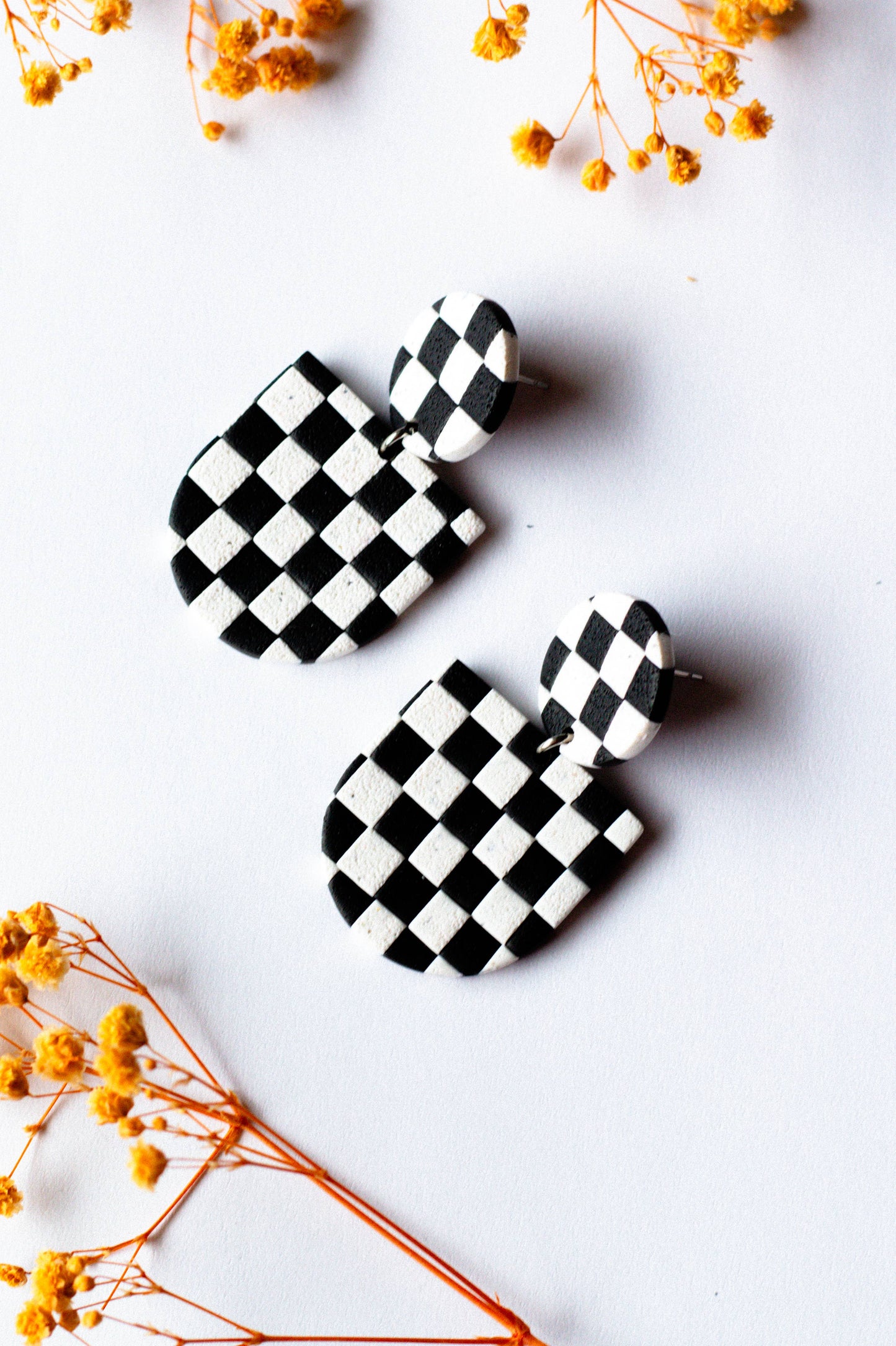 Checkerboard Statement Dangle Earrings (Black and White)