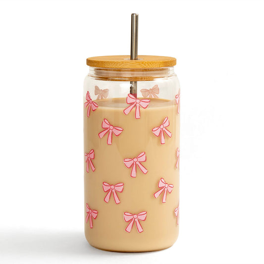 Pink Coquette Bows Glass Can