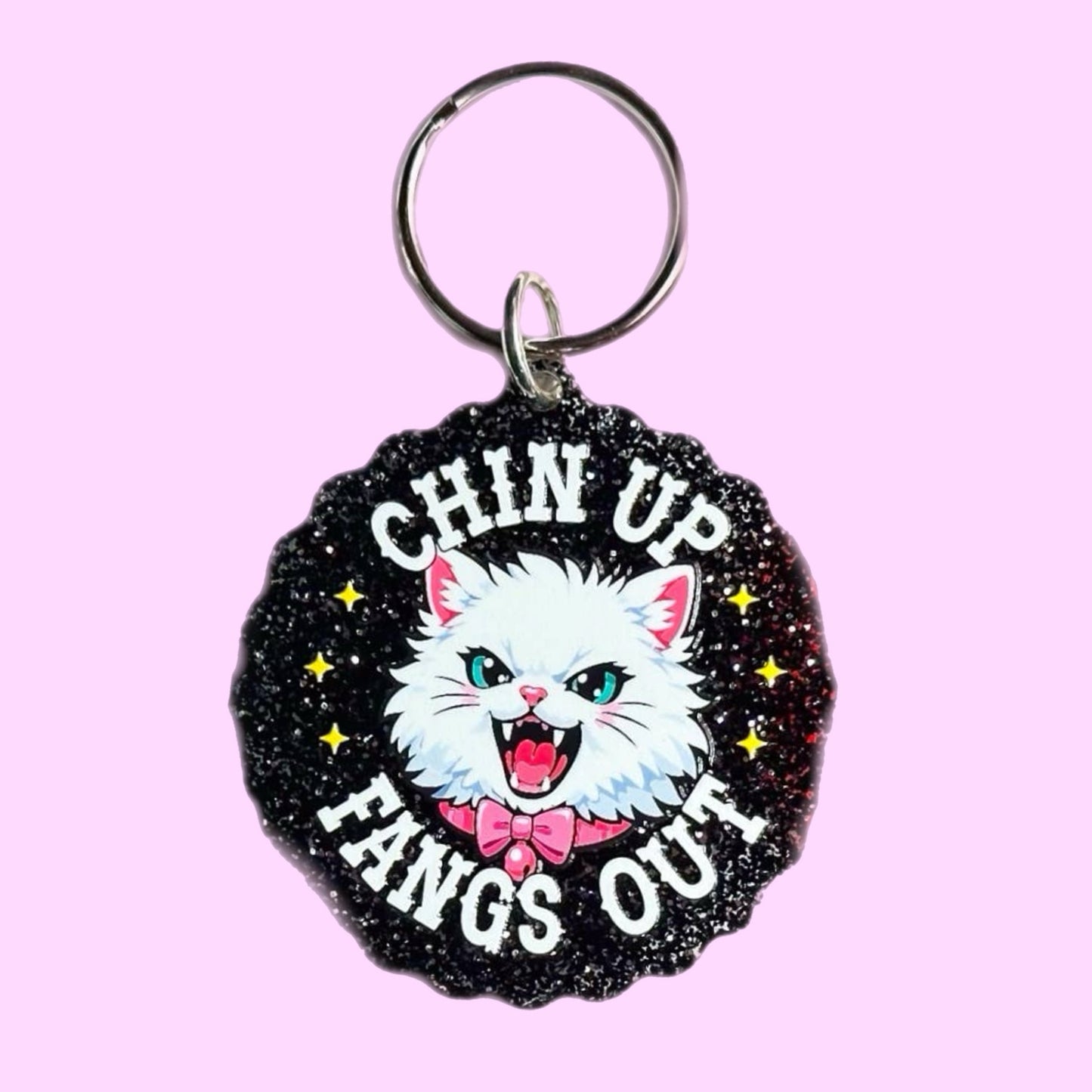 Chin Up Fangs Out Cat Keychain (Black Glitter)