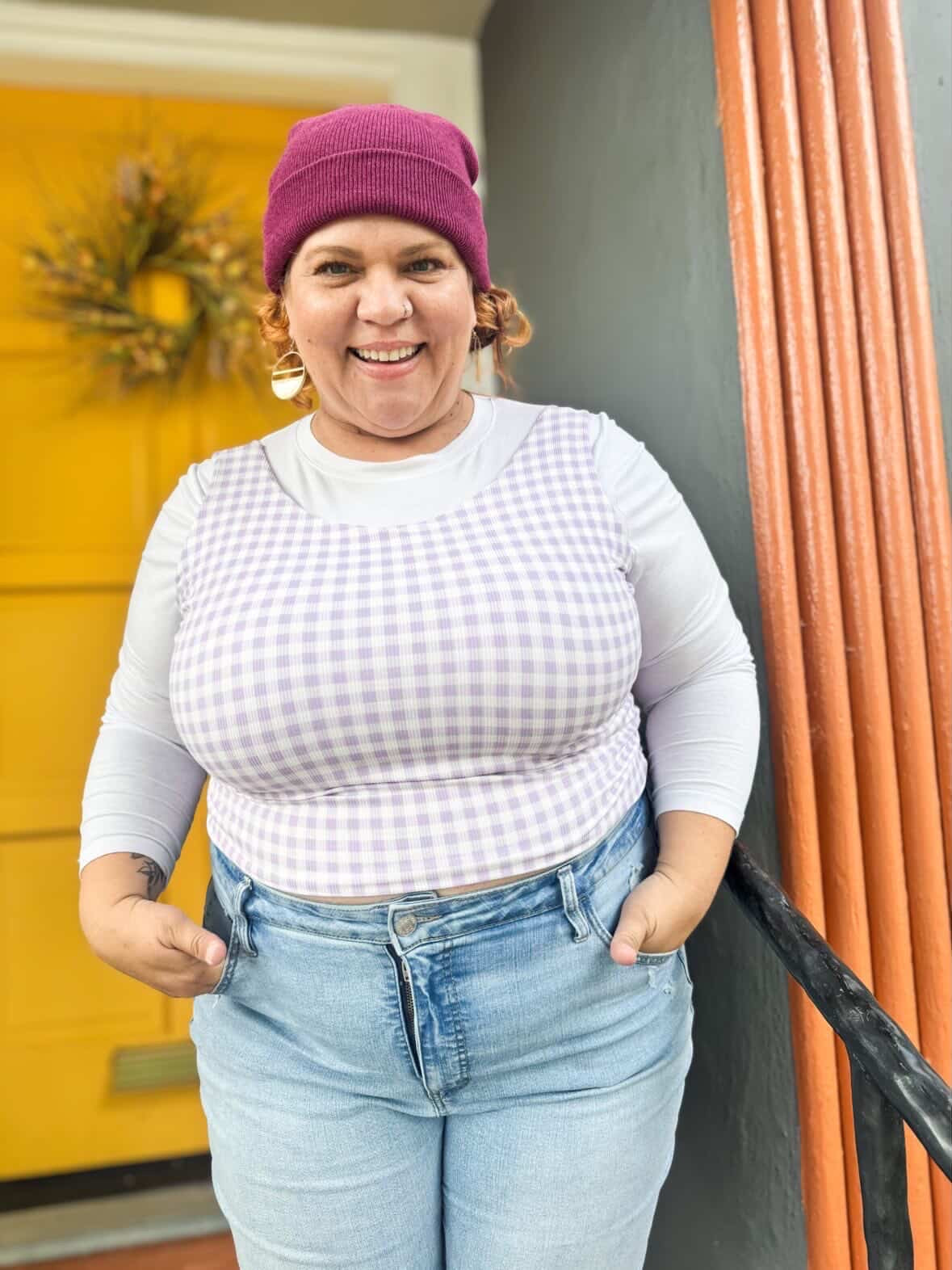 Plus Size Reversible Crop Top: Gingham / Purple