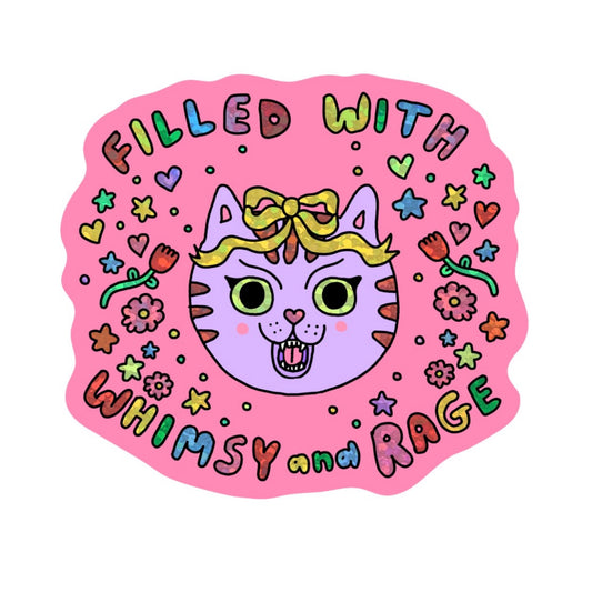 Filled with Whimsy and Rage Sparkly Cat Sticker (Pink)