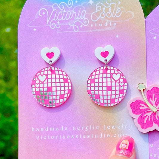 Pink Disco Ball Heart Earrings