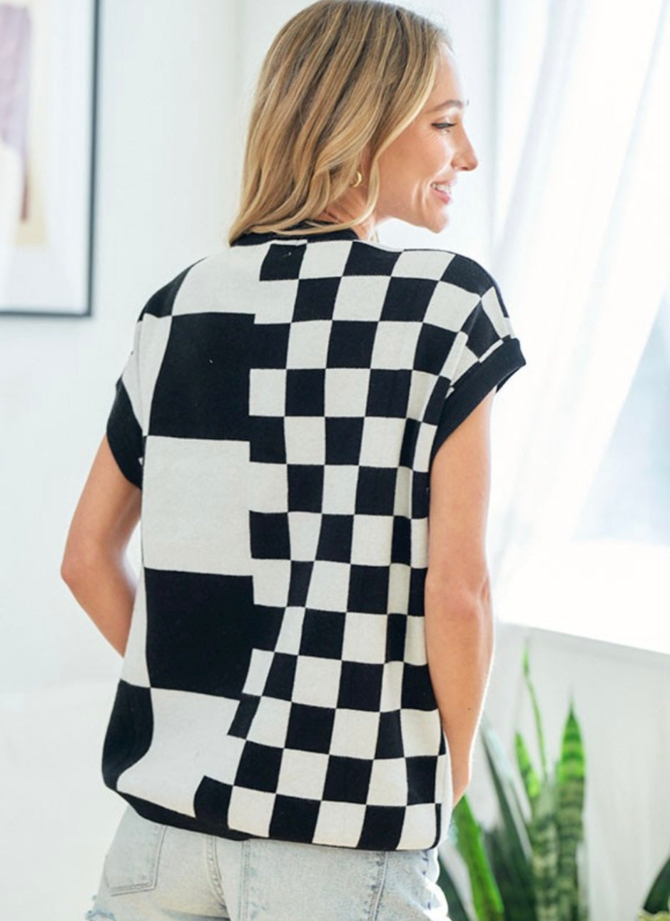 Black and White Checkered Knit Top