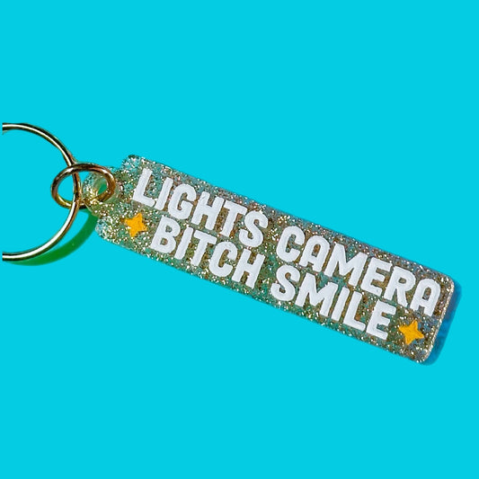 Lights Camera Bitch Smile! Gold Glitter Keychain