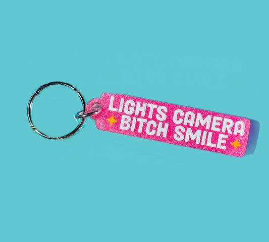 Lights Camera Bitch Smile! Pink Glitter Keychain