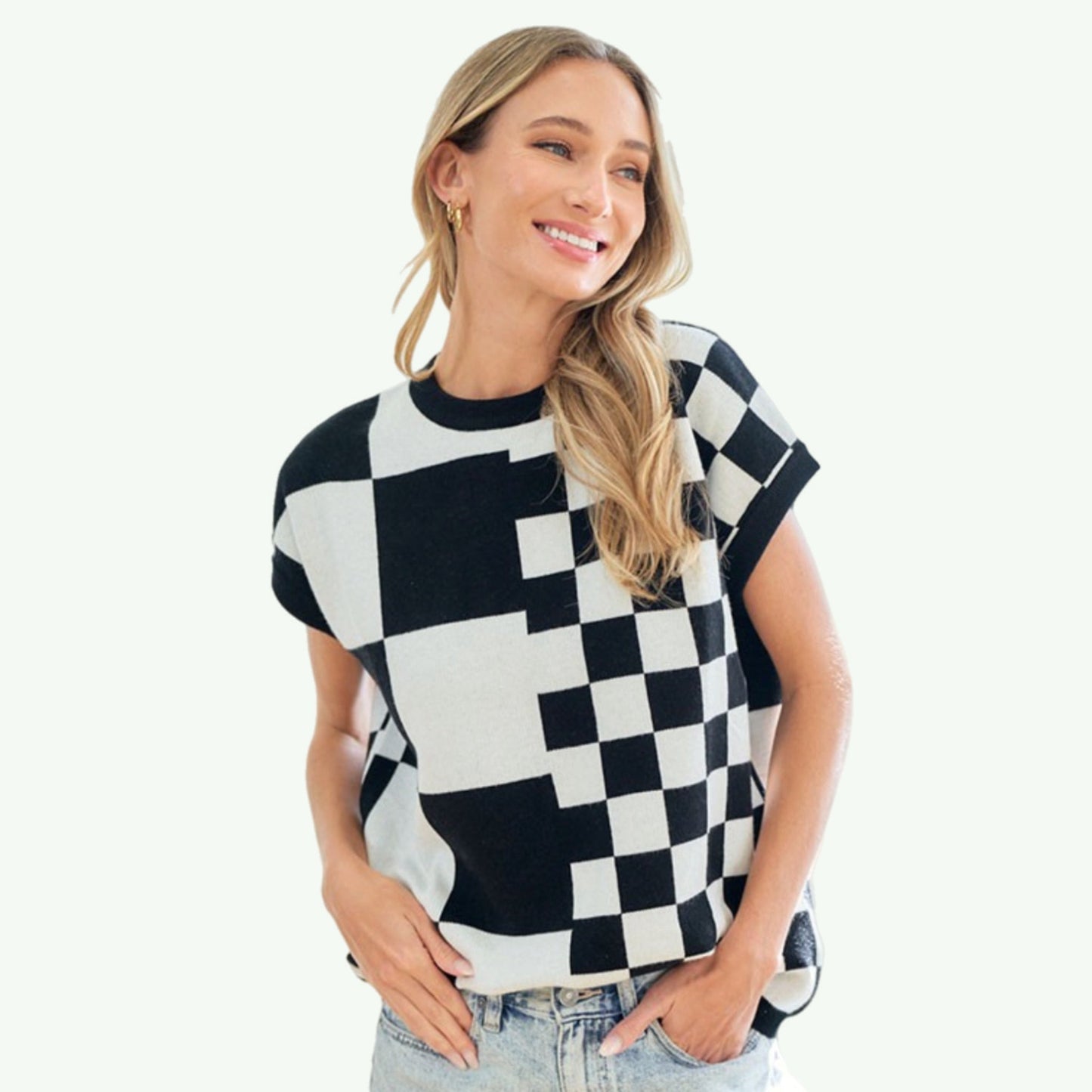 Black and White Checkered Knit Top