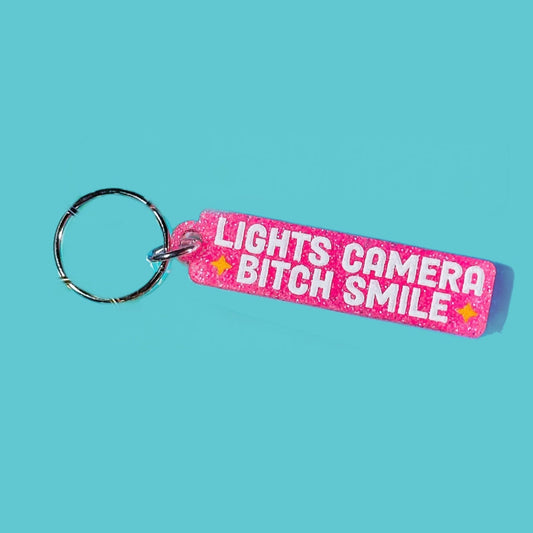 Lights Camera Bitch Smile! Pink Glitter Keychain