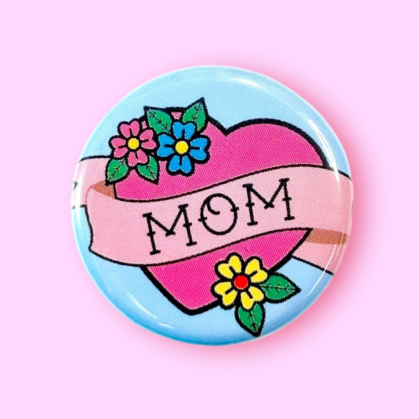 Mom Pink Heart Retro Tattoo Style Button